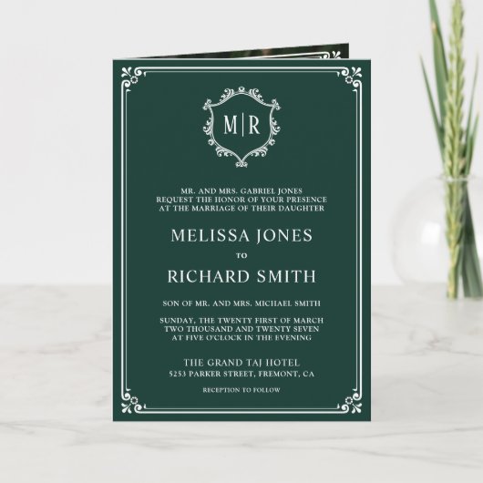 Elegant Emerald Green en White Monogram Wedding (Voorkant)