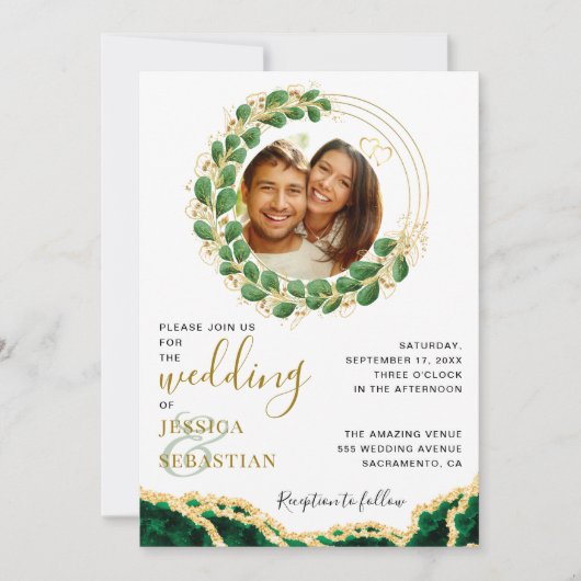 Elegant Emerald Green Eucalyptus Agate Wedding Kaart (Voorkant)