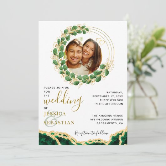 Elegant Emerald Green Eucalyptus Agate Wedding Kaart (Staand voorkant)