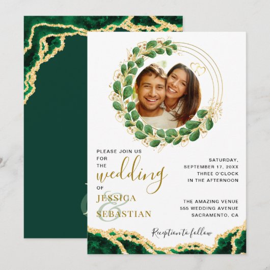 Elegant Emerald Green Eucalyptus Agate Wedding Kaart (Voorkant / Achterkant)