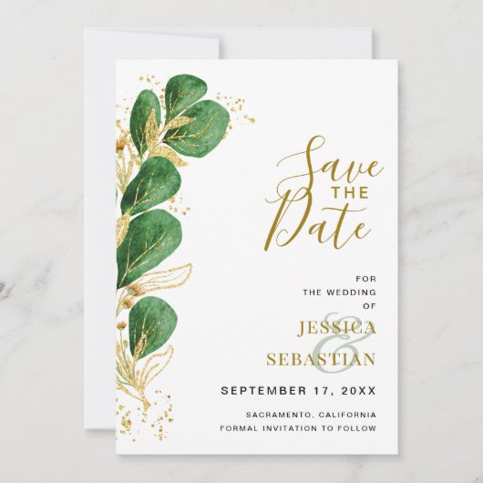Elegant Emerald Green Eucalyptus Foto Save The Date (Voorkant)