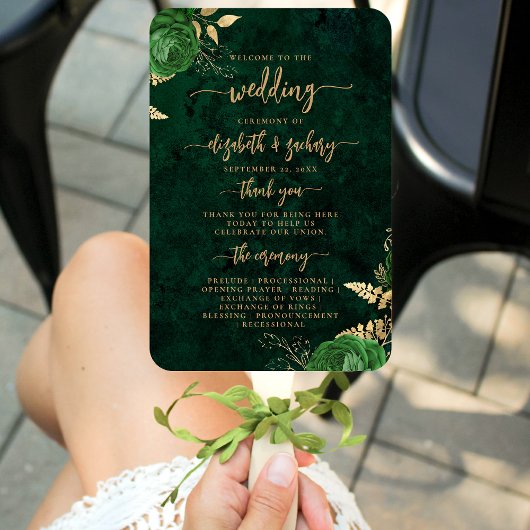 Elegant Emerald Green Floral Agate Wedding Program Handwaaier