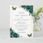 Elegant Emerald Green Floral Butterflies Wedding Kaart (Staand voorkant)