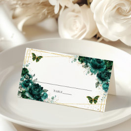 Elegant Emerald Green Floral Butterflies Wedding  Plaatskaartje
