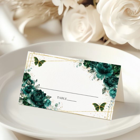Elegant Emerald Green Floral Butterflies Wedding  Plaatskaartje