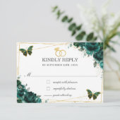 Elegant Emerald Green Floral Butterflies Wedding RSVP Kaartje (Staand voorkant)