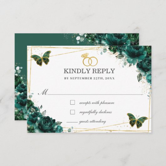 Elegant Emerald Green Floral Butterflies Wedding RSVP Kaartje (Voorkant / Achterkant)