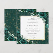 Elegant Emerald Green Floral Gold Wedding Square Kaart (Voorkant / Achterkant)