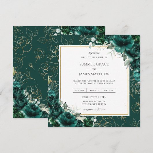 Elegant Emerald Green Floral Gold Wedding Square Kaart (Voorkant / Achterkant)