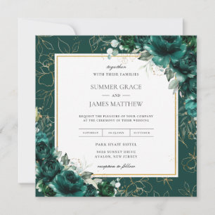 Elegant Emerald Green Floral Gold Wedding Square Kaart