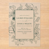 Elegant Emerald Green Floral Line Art Wedding Acryl Uitnodigingen (Voorkant)
