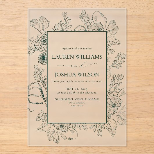 Elegant Emerald Green Floral Line Art Wedding Acryl Uitnodigingen (Voorkant)