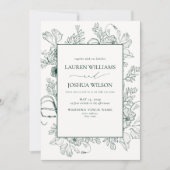 Elegant Emerald Green Floral Line Art Wedding Kaart (Voorkant)