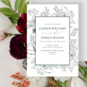 Elegant Emerald Green Floral Line Art Wedding Kaart