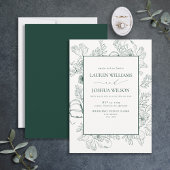 Elegant Emerald Green Floral Line Art Wedding Kaart