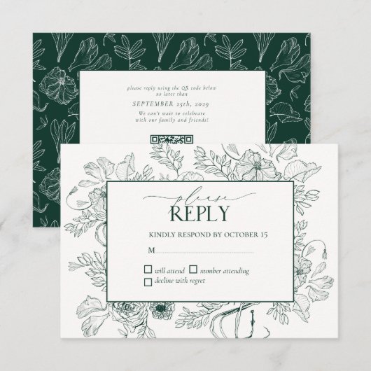 Elegant Emerald Green Floral Line Art Wedding RSVP Kaartje (Voorkant / Achterkant)