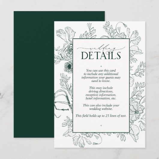 Elegant Emerald Green Floral Wedding Details Informatiekaartje (Voorkant / Achterkant)