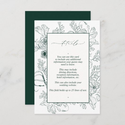 Elegant Emerald Green Floral Wedding Details Informatiekaartje (Voorkant / Achterkant)