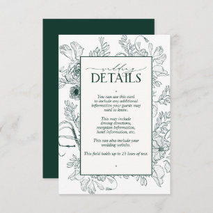 Elegant Emerald Green Floral Wedding Details Informatiekaartje