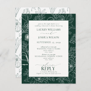 Elegant Emerald Green Floral Wedding Rehearsal Kaart
