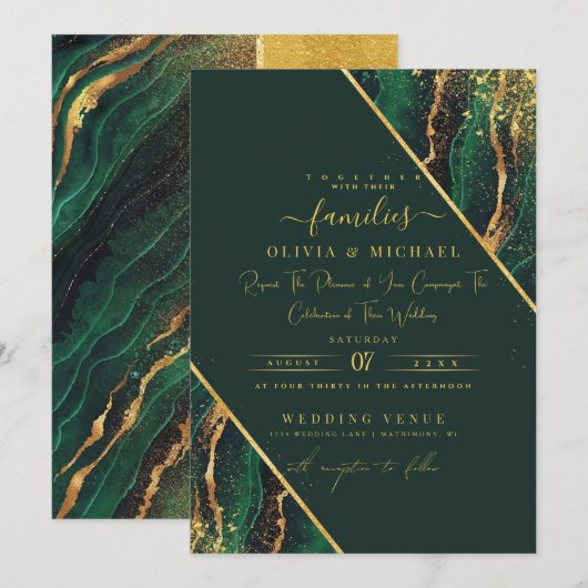 ELEGANT EMERALD GREEN FOLIE ABSTRACT AGATE WEDDING KAART (Voorkant / Achterkant)