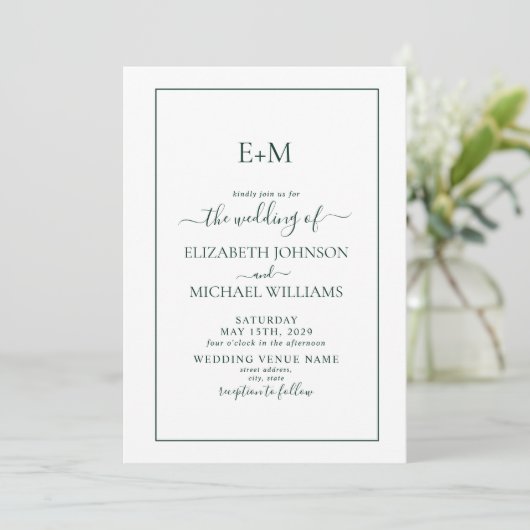Elegant Emerald Green Formal Monogram Weddenschap Kaart (Staand voorkant)