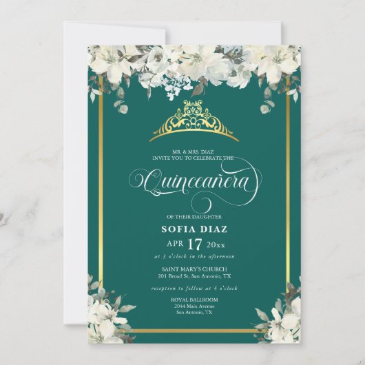 Elegant Emerald Green Foto QR Code Quinceañera Kaart (Voorkant)