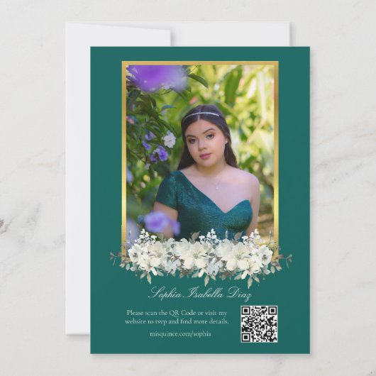 Elegant Emerald Green Foto QR Code Quinceañera Kaart (Achterkant)