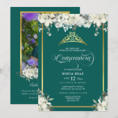 Elegant Emerald Green Foto QR Code Quinceañera Kaart (Voorkant / Achterkant)