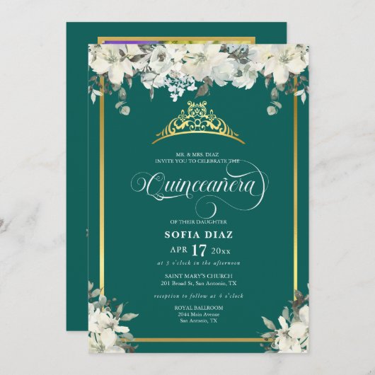 Elegant Emerald Green Foto QR Code Quinceañera Kaart (Voorkant / Achterkant)