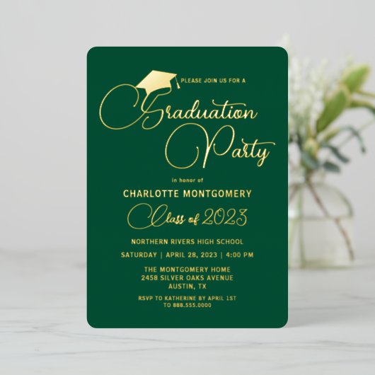 Elegant Emerald Green Gold Afstuderen Uitnodiging (Staand Voorkant)
