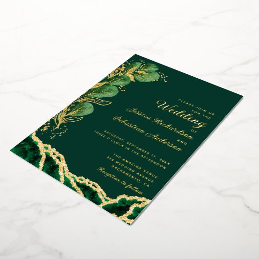 Elegant Emerald Green & Gold Agate Wedding Folie Uitnodiging (Gedraaid)