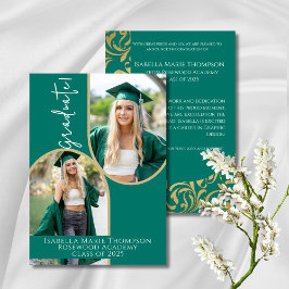 Elegant Emerald Green & Gold Arch Foto Afstuderen Aankondiging