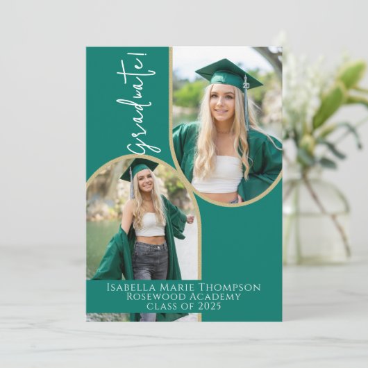Elegant Emerald Green & Gold Arch Foto Afstuderen Aankondiging (Staand voorkant)