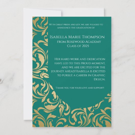 Elegant Emerald Green & Gold Arch Foto Afstuderen Aankondiging (Achterkant)