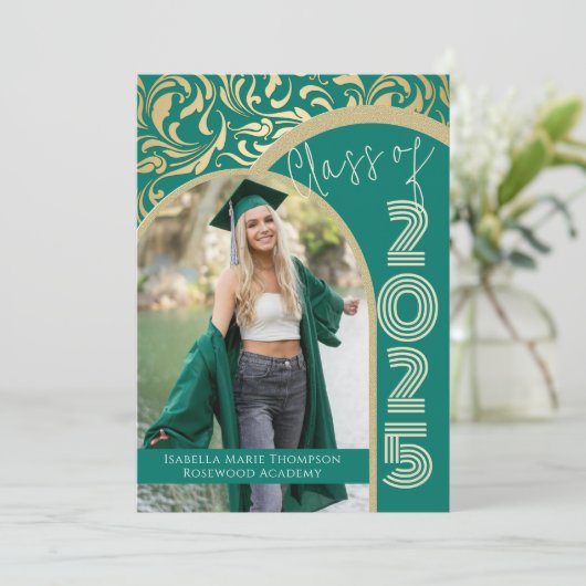 Elegant Emerald Green & Gold Arch Foto Afstuderen Kaart (Staand voorkant)