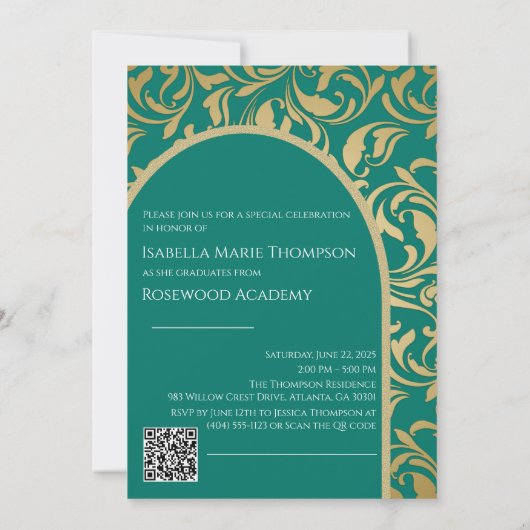 Elegant Emerald Green & Gold Arch Foto Afstuderen Kaart (Achterkant)