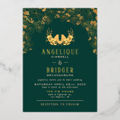 Elegant Emerald Green Gold Birds Floral Wedding Folie Uitnodiging (Voorkant)