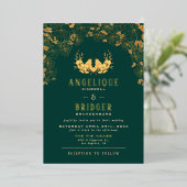 Elegant Emerald Green Gold Birds Floral Wedding Folie Uitnodiging (Staand Voorkant)