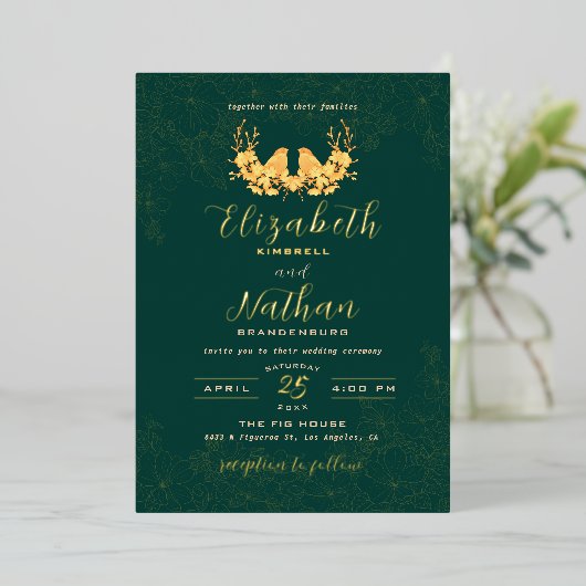 Elegant Emerald Green Gold Birds Floral Wedding Folie Uitnodiging (Staand Voorkant)