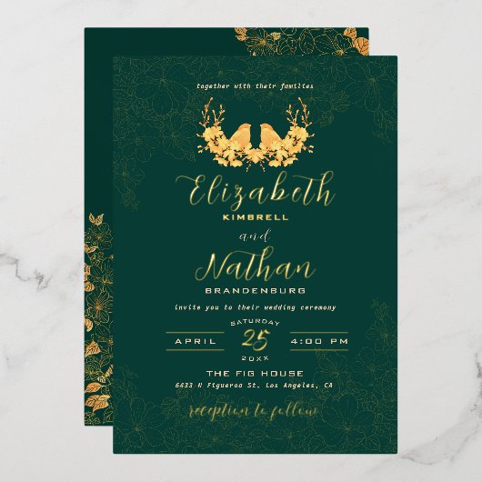 Elegant Emerald Green Gold Birds Floral Wedding Folie Uitnodiging (Voorkant / Achterkant)