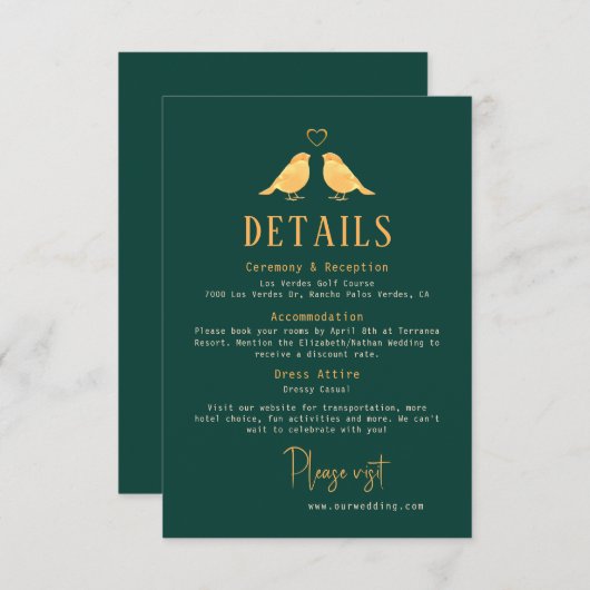 Elegant Emerald Green & Gold Birds Wedding Details Informatiekaartje (Voorkant / Achterkant)