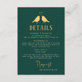 Elegant Emerald Green & Gold Birds Wedding Details Informatiekaartje (Voorkant)