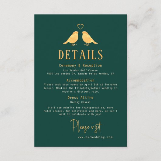 Elegant Emerald Green & Gold Birds Wedding Details Informatiekaartje (Voorkant)