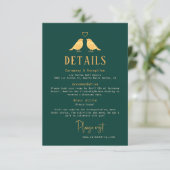 Elegant Emerald Green & Gold Birds Wedding Details Informatiekaartje (Staand voorkant)