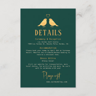 Elegant Emerald Green & Gold Birds Wedding Details Informatiekaartje