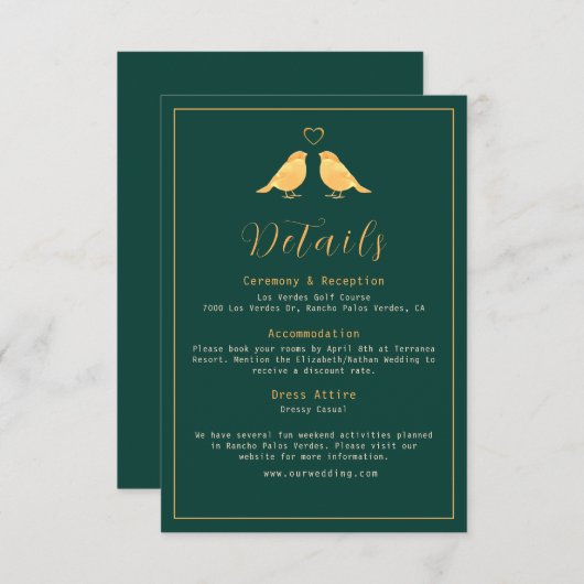 Elegant Emerald Green & Gold Birds Wedding Details Informatiekaartje (Voorkant / Achterkant)