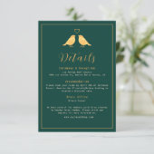Elegant Emerald Green & Gold Birds Wedding Details Informatiekaartje (Staand voorkant)