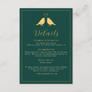 Elegant Emerald Green & Gold Birds Wedding Details Informatiekaartje