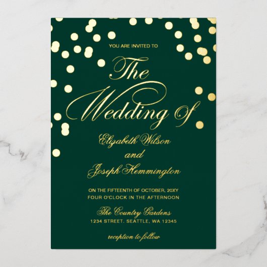 Elegant Emerald Green Gold Confetti Wedding Folie Uitnodiging (Voorkant)